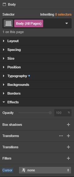 Webflow's Style panel, body TAG selected